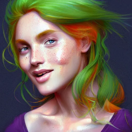 Image similar to close up portrait of a beautiful smiling girl with orange hair and freckles, green eyes, happy intricate, elegant. highly detailed, digital painting, artstation, concept art, smooth, sharp, focus, illustration. background is purple, art by artgerm and Ross Tran