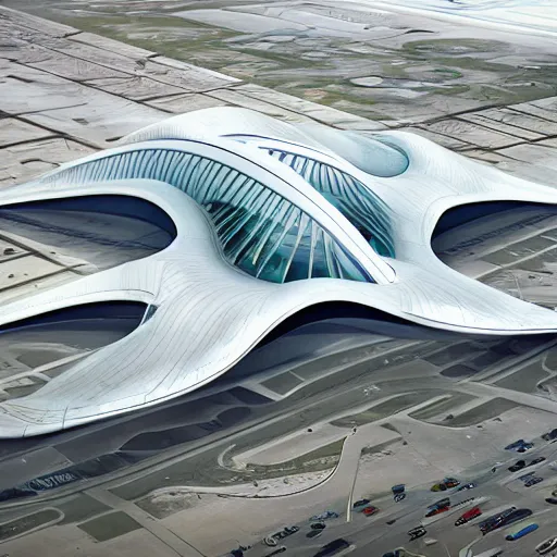 Image similar to Denver International Airport if it were designed by Zaha Hadid