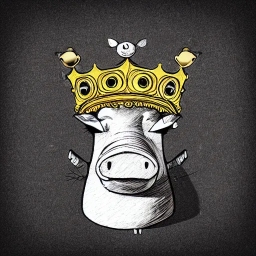 Image similar to black and white grunge cartoon sketch of a pig in a gold crown by - beeple , loony toons style, horror themed, detailed, elegant, intricate, outline