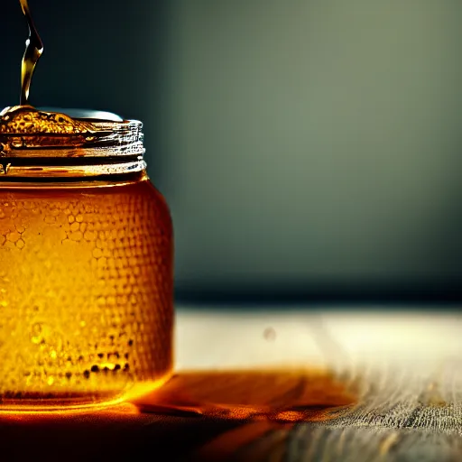 Prompt: jar of honey, nectar from the gods, highly detailed, dynamic shadows, 4 k, wallpaper, professional photo, caustics