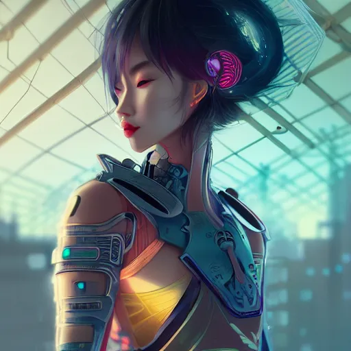 Image similar to portrait futuristic Samurai Girl, in future cyberpunk tokyo rooftop , ssci-fi, fantasy, intricate, very very beautiful, elegant, human anatomy, neon light, highly detailed, digital painting, artstation, concept art, smooth, sharp focus, illustration, art by tian zi and WLOP and alphonse mucha