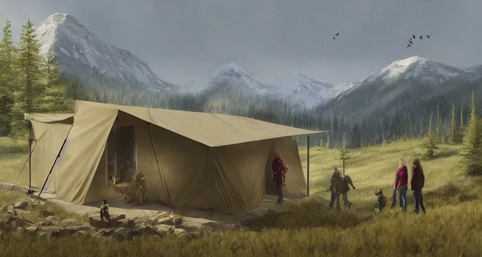 Image similar to cabela's beautiful comfortable modular insulated wall kit - house all weather family dwelling tent house, person in foreground, mountainous forested wilderness open fields, beautiful views, painterly concept art, joanna gaines, environmental concept art, farmhouse, magnolia, concept art illustration, by james gurney, by craig mullins, by greg rutkowski trending on artstation