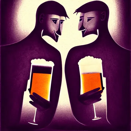 Prompt: two beautiful chad men drinking beers ((hearts)), friendship, love, sadness, dark ambiance, concept by Godfrey Blow, featured on deviantart, drawing, sots art, lyco art, artwork, photoillustration, poster art