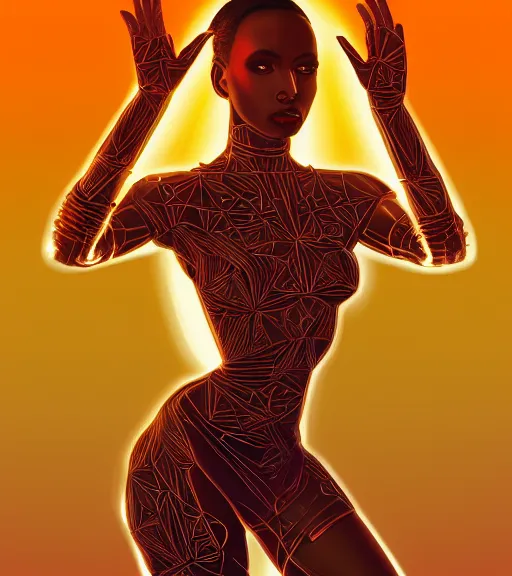 Image similar to symmetry!! ethiopian princess of technology, solid cube of light, hard edges, product render retro - futuristic poster scifi, lasers and neon circuits, brown skin man ethiopian princess, intricate, elegant, highly detailed, digital painting, artstation, concept art, smooth, sharp focus, illustration, dreamlike, art by artgerm