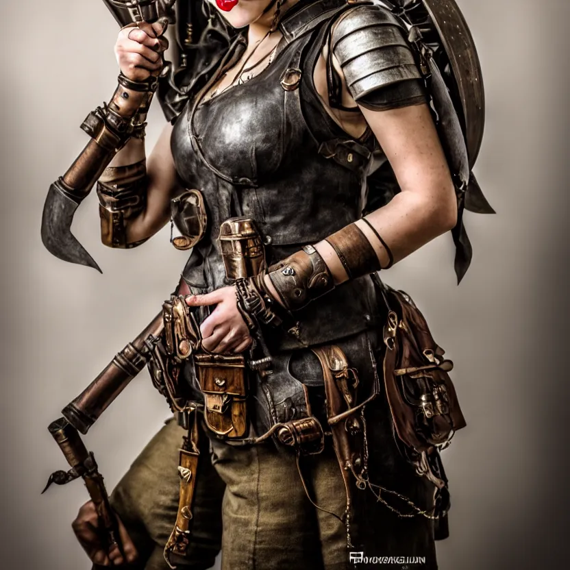 Image similar to full length photo of a very beautiful female dieselpunk warrior, 8 k, hdr, smooth, sharp focus, high resolution, award - winning photo