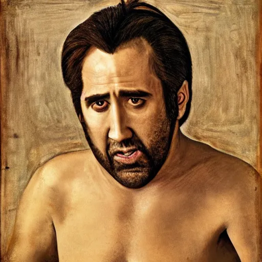 Prompt: highly detailed portrait of nicolas cage without a shirt laying down inside of a banana, 4 k, in the style of caravaggio, monet, botticelli and dali