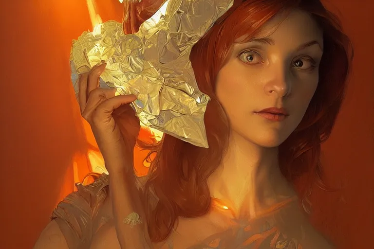 Image similar to portrait of tinfoil hat man in orange t - shirt behind his wife, feelings, romantic, fantasy, intricate, elegant, highly detailed, digital painting, artstation, concept art, smooth, sharp focus, illustration, art by artgerm and greg rutkowski and alphonse mucha