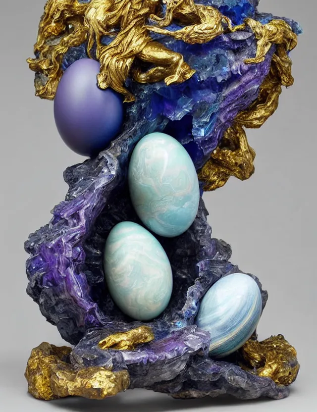 Image similar to a sculpture of a winged child made from blue and emerald and amethyst crystal geode formations with a marble egg with obsidian base with liquid gold tendrils flowing by ellen jewett by stanisław szukalski, octane render, byzantine, spirals, elestial crystals, geode,