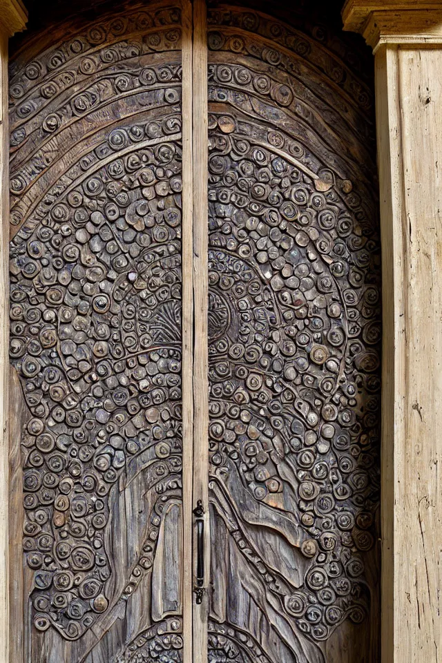 Prompt: Full old weathered wooden Door with a high relief carving of Fractal Marble and Opal Geode and Obisidian