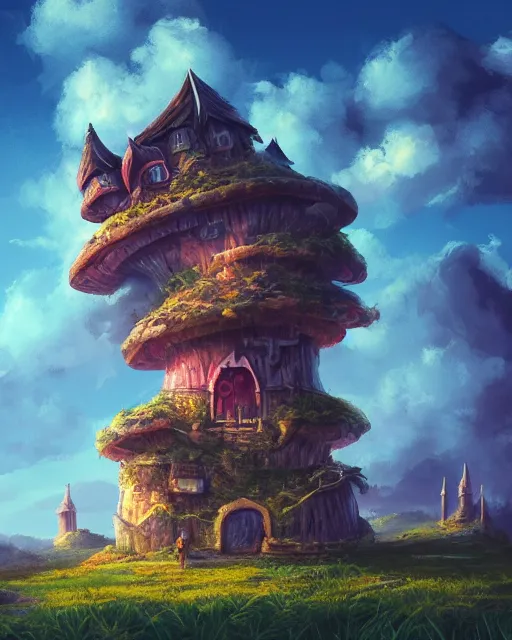 Image similar to flying cloud castle, mushroom buildings, illustration, bright, blue sky, mountains, colorful, cinematic lighting, fantasy, high detail, masterpiece, artstation, 4 k, art by wylie beckert