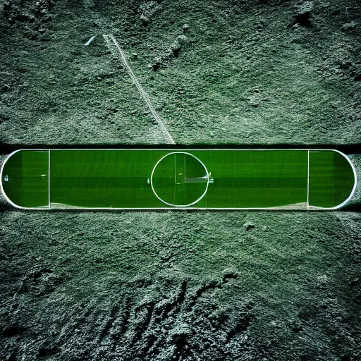 Image similar to a photography of a green soccer pitch on the moon, extreme long shot, realistic