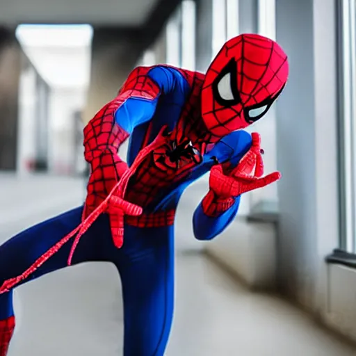 Prompt: man dressed as spiderman taking medicine for headache