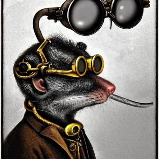 Image similar to a rat with steampunk googles, by David A. Hardy