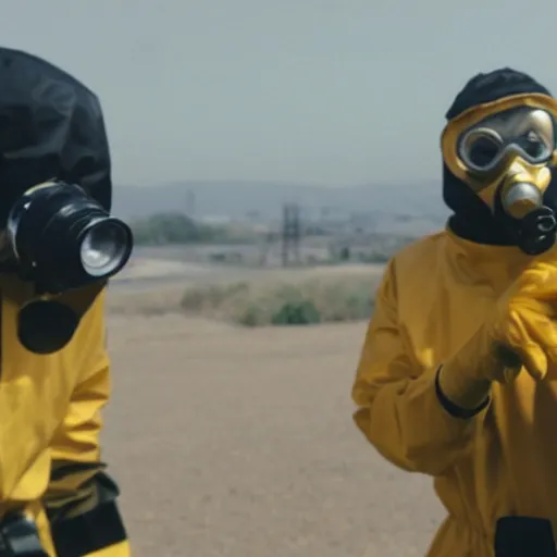 Prompt: a man wearing a hazmat suit and gasmask aiming a pistol, film still, cinematic, enhanced