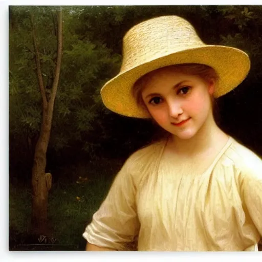 Prompt: 10 yo blond girl with straw hat and yellow shirt, bouguereau