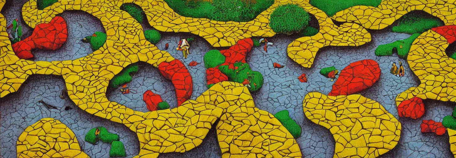 Image similar to a rock garden by m. c. escher, yellow, green, red, snowy, ultra sharp, ultra detailed, cyberpunk, happy, uplifting, colorized by salvador dali