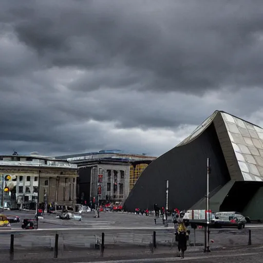 Image similar to oslo operahus getting bombed by terrorist, 8k , realistic, cloudy day,