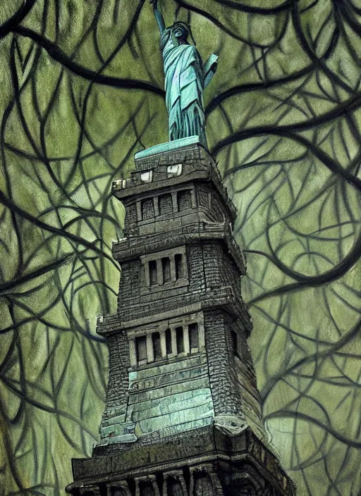 Image similar to hyper detailed oil painting of the statue of liberty; cracked, decaying, covered in moss and vines; thunderstorm; moody cinematic lighting, painted by Greg Rukowtski, trending on Artstation