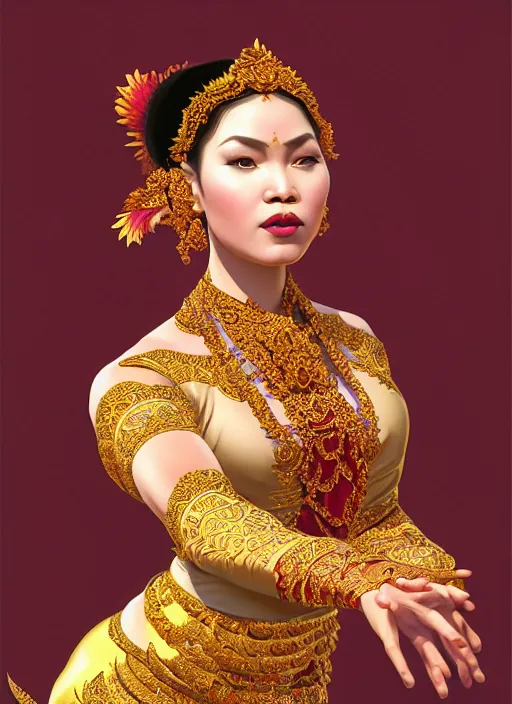 Image similar to javanese traditional dance, surealism, aesthetic, shiny, fantasy, intricate, elegant, extremely higly detailed, digital painting, artstation, face perfect, baroque, body perfect, concept art, octane render, cycles render, smooth, sharp focus, full body focus, illustration, digital painting, art by artgerm and greg rutkowski and alphonse mucha