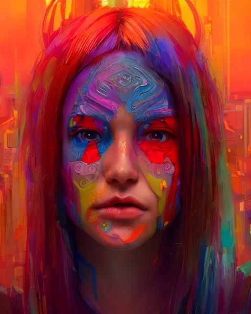 Image similar to colorful character portrait of a female hippie, set in the future 2 1 5 0 | highly detailed face | very intricate | symmetrical | cinematic lighting | award - winning | painted by mandy jurgens | pan futurism, dystopian, bold colors, cyberpunk, groovy vibe, anime aesthestic | featured on artstation