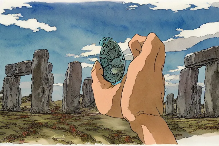 Prompt: hyperrealist studio ghibli watercolor fantasy concept art of a giant hand holding a stone extending from the sky to the ground above stonehenge. by rebecca guay, michael kaluta, charles vess