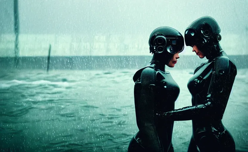 Image similar to cinestill 5 0 d candid photographic portrait by christopher nolan of two loving female androids wearing rugged black mesh techwear in treacherous waters, extreme closeup, modern cyberpunk retrofuturism moody emotional cinematic, pouring iridescent rain, 8 k, hd, high resolution, 3 5 mm, f / 3 2, ultra realistic faces, ex machina