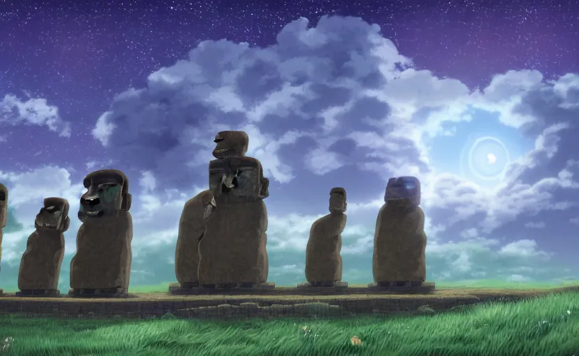 Prompt: a cell - shaded studio ghibli concept art study of a square dimensional portal doorway in easter island on a misty starry night. water is flowing out of the mouth of the portal. very dull colors, hd, 4 k, hq