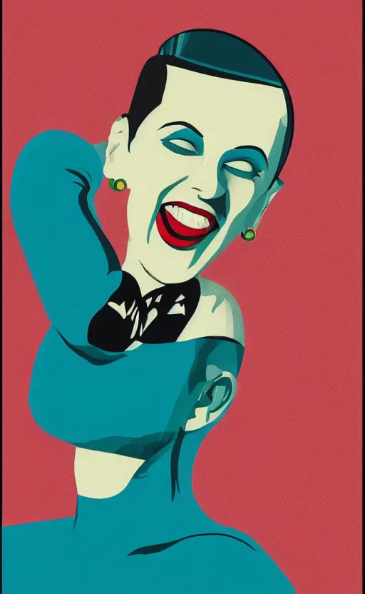 Image similar to illustration portrait of a woman with white buzzcut laughing out loud, art deco painting by tom whalen, by tomer hanukam funny meme photo, trending on behance, digital illustration, storybook illustration, grainy texture, flat shading, vector art, airbrush, pastel, watercolor, poster