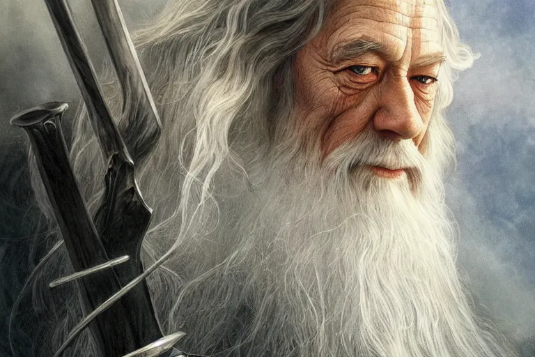 Prompt: Gandalf from Lord of the Rings, diffuse lighting, fantasy, intricate, elegant, highly detailed, lifelike, photorealistic, digital painting, artstation, illustration, concept art, smooth, sharp focus, art by John Collier and Albert Aublet and Krenz Cushart and Artem Demura and Alphonse Mucha