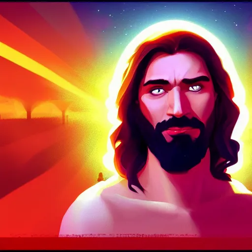 Image similar to portrait of jesus christ as a glam rockstar, mattepainting concept blizzard pixar maya engine on stylized background splash comics global illumination lighting artstation lois van baarle, ilya kuvshinov, rossdraws