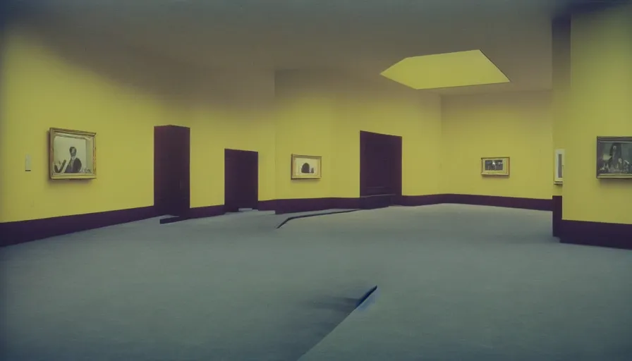 Prompt: 60s movie still of a sovietic stalinist style empty art museum with a soviet congress with yellow wall, LOMOCHROME PURPLE FILM 100-400 35MM, liminal Space style, heavy grain