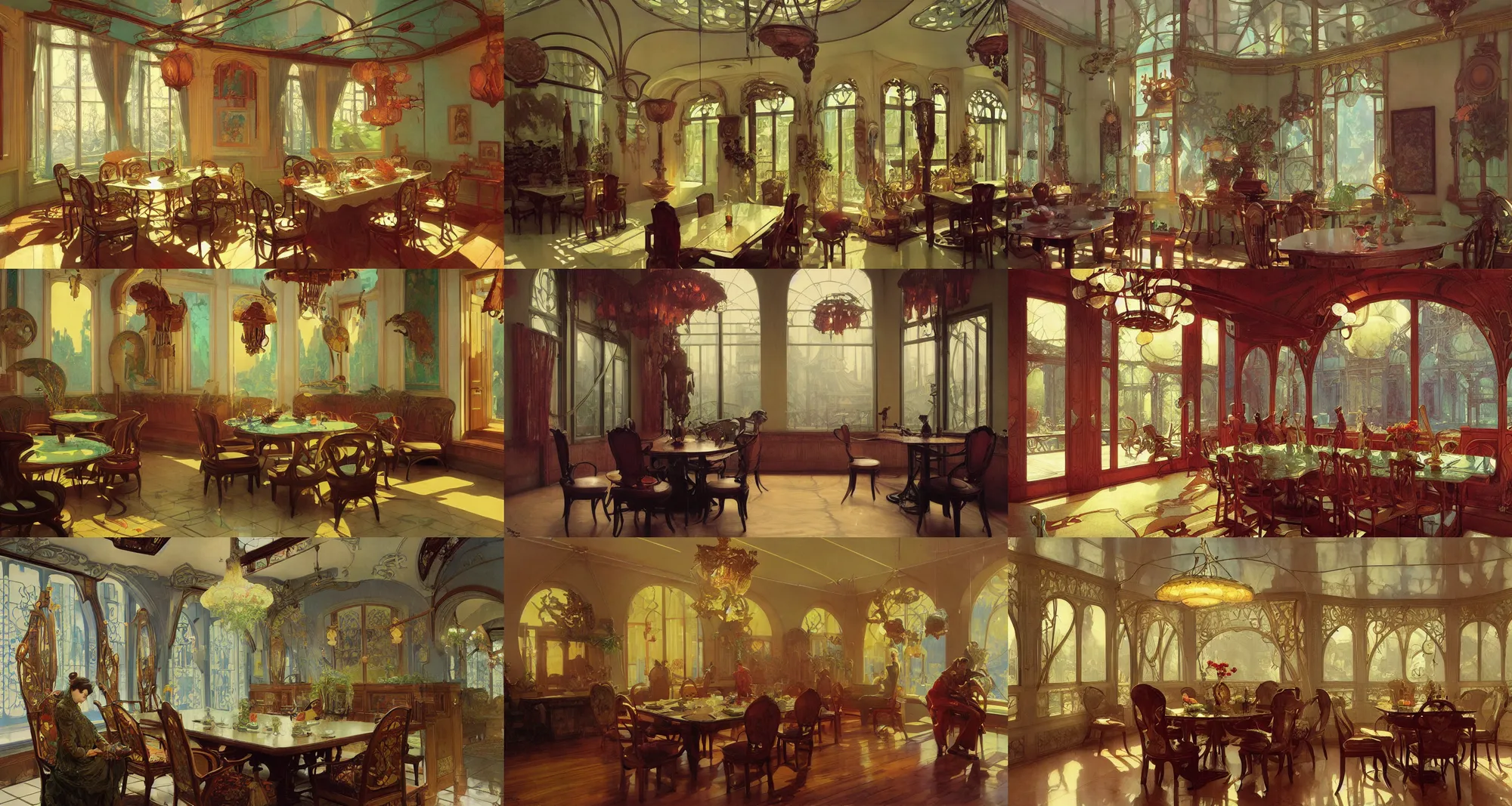 Prompt: dinner room, art nouveau architecture, art by joseph leyendecker, ivan aivazovsky, ruan jia, reza afshar, marc simonetti, alphonse mucha