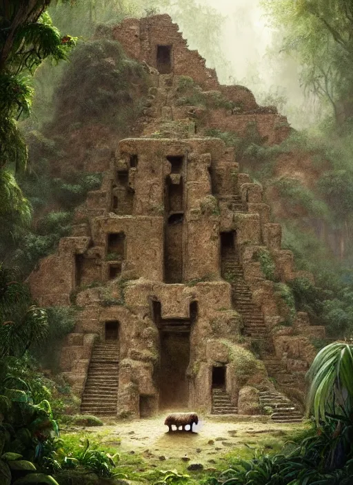 Prompt: an aztec! ruin shaped like a sheep!!, mysterious jungle painting, elegant intricate digital painting artstation concept art by mark brooks and brad kunkle detailed