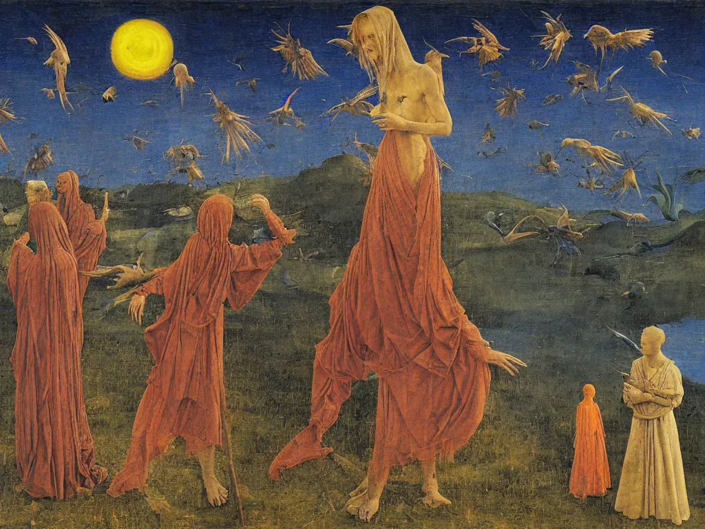 Image similar to the limitless plains of reptilian sorrow. Night of the star gazer. God trapped in the mud. Flock of birds. Painting by Jan van Eyck, Fra Filippo Lippi, Rene Magritte, Agnes Pelton, Max Ernst, Beksinski