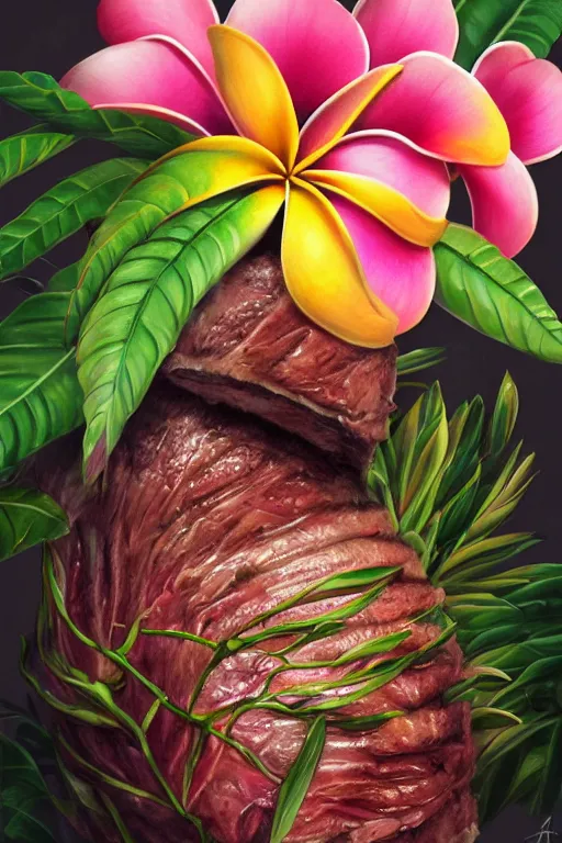 Image similar to ultra realistic illustration, portrait of fatty prime rib, plumeria tropical bouquet background, close up shot, fantasy, intricate, elegant, highly detailed, digital painting, artstation, concept art, smooth, sharp focus, illustration, surrealism