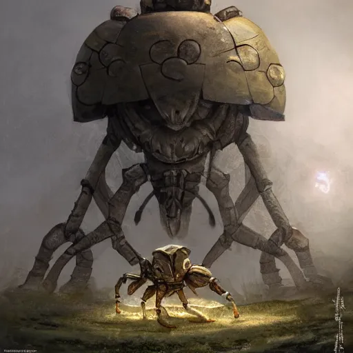 Image similar to giant armored ashigaru beetle war construct golem glowing gnostic brian froud markings magic and steam - punk inspired in an ancient stone circle on a plateau in a blizzard concept painting by jessica rossier, hr giger, john berkey