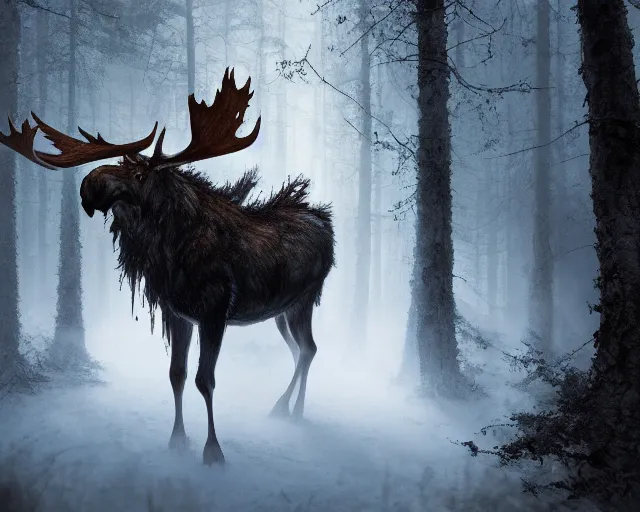 Image similar to 5 5 mm portrait photo of an armored demonic undead rotting moose with red eyes antlers and looking at the camera, in a magical forest. magical atmosphere. art by greg rutkowski and luis royo. highly detailed 8 k. intricate. lifelike. soft light. nikon d 8 5 0.