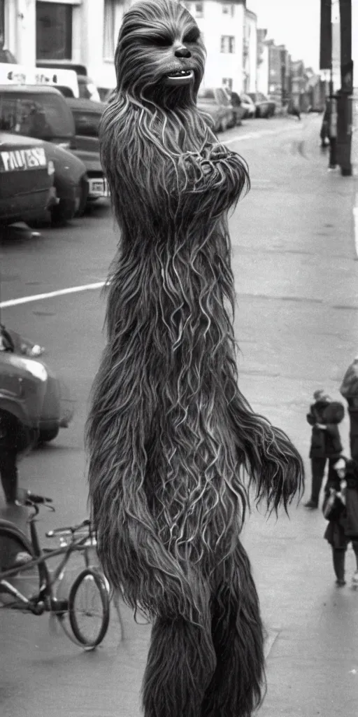 Image similar to 1 9 8 0 ies photo of chewbacca standing on the streets of rochester, england