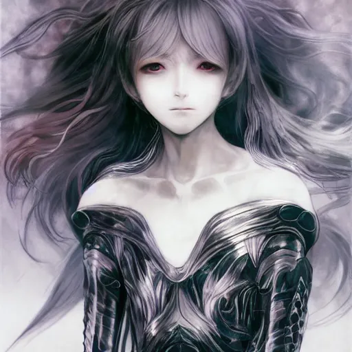 Image similar to yoshitaka amano blurred and dreamy realistic illustration of an anime girl with wavy white hair and cracks on her face wearing elden ring armour with the cape fluttering in the wind, abstract black and white patterns on the background, noisy film grain effect, highly detailed, renaissance oil painting, weird portrait angle