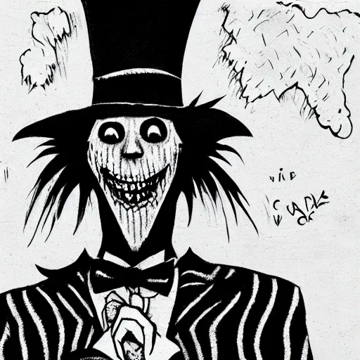 Image similar to a Pop Wonder scary horror themed goofy-hilarious-character Babadook-scarecrow-madhatter-williewonka-wearing a scarf, 3-piece-suit, dime-store-comic drawn with charcoal and pen and ink, half-tone-line-stacking