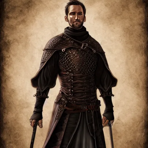 Prompt: realistic portrait, 30 year old man, dark taint :: athletic, fantasy mage, medieval leather armour, brown clothes :: high detail, digital art, RPG, concept art, illustration