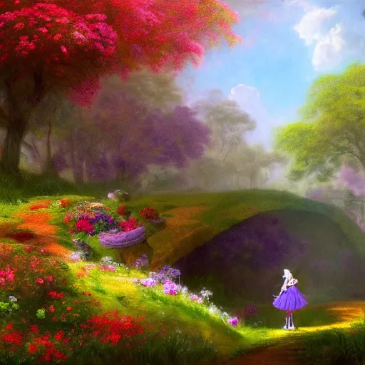 Prompt: a landscape full of flowers and colors in the style of alice in wonderland, by albert bierstadt, trending on artstation, hdr