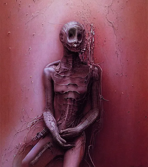 Image similar to portrait of girl melting with machine by wayne barlowe and zdislaw beksinski