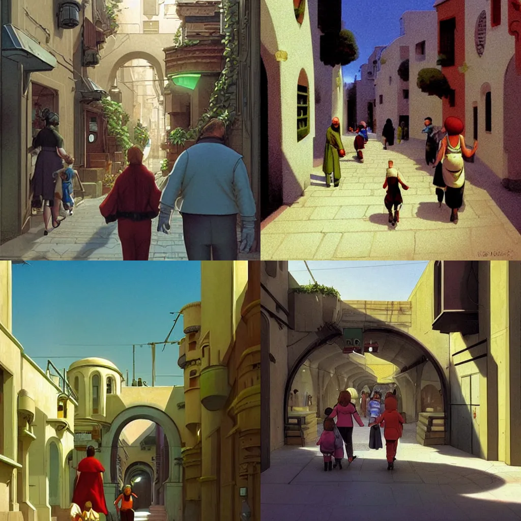 Prompt: happy families walking through the tranquil plant - draped solarpunk mediterranean narrow pedestrian streets of a joyful, renewable sunny beautiful town in the near future. concept art by ralph mcquarrie