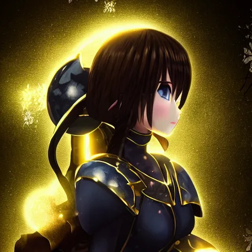 Prompt: portrait focus of beautiful darkness knight 3D anime girl, golden armor wearing, dark forest background, snowing, bokeh, inspired by Masami Kurumada, digital painting, high contrast, octane render, volumetric lighting, high détail