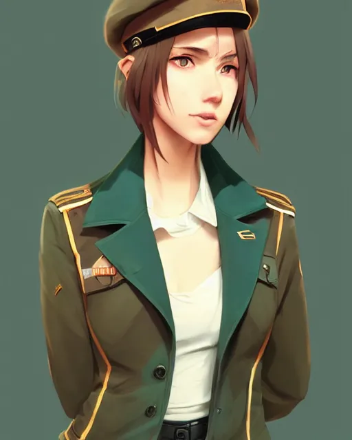 Image similar to young woman with shoulder length light brown hair and hazel eyes dressed in a sharp dark teal military uniform and beret, anime, ilya kuvshinov, greg rutkowski, guweiz, ross tran, loish, svetlana tigai, artgerm, artstation trending, concept art, digital painting