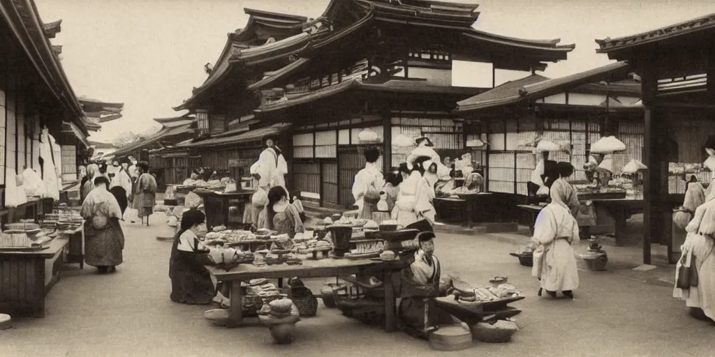 Prompt: 18th century Japanese street market in Kyoto, 1900s photography