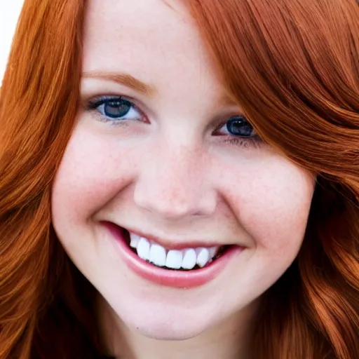 Image similar to school picture day photo of Young woman with auburn hair looking into the camera and smiling slightly, ultrarealistic, 8k