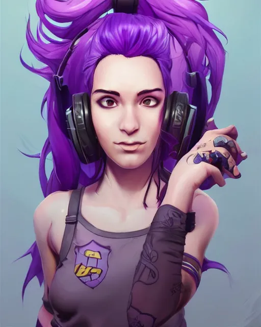 Image similar to beautiful female purple hair tattoo symmetrical face eyes headset twitch streamer full length fantasy art apex fortnite Video game icon, 2d game art gta5 cover , official fanart behance hd artstation by Jesper Ejsing, by RHADS, Makoto Shinkai and Lois van baarle, ilya kuvshinov, rossdraws