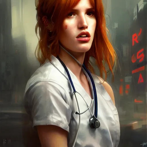 Image similar to full figure bella thorne as a nurse, hyperrealistic portrait, bladerunner street, art of elysium by jeremy mann and alphonse mucha, fantasy art, photo realistic, dynamic lighting, artstation, poster, volumetric lighting, very detailed face, 4 k, award winning